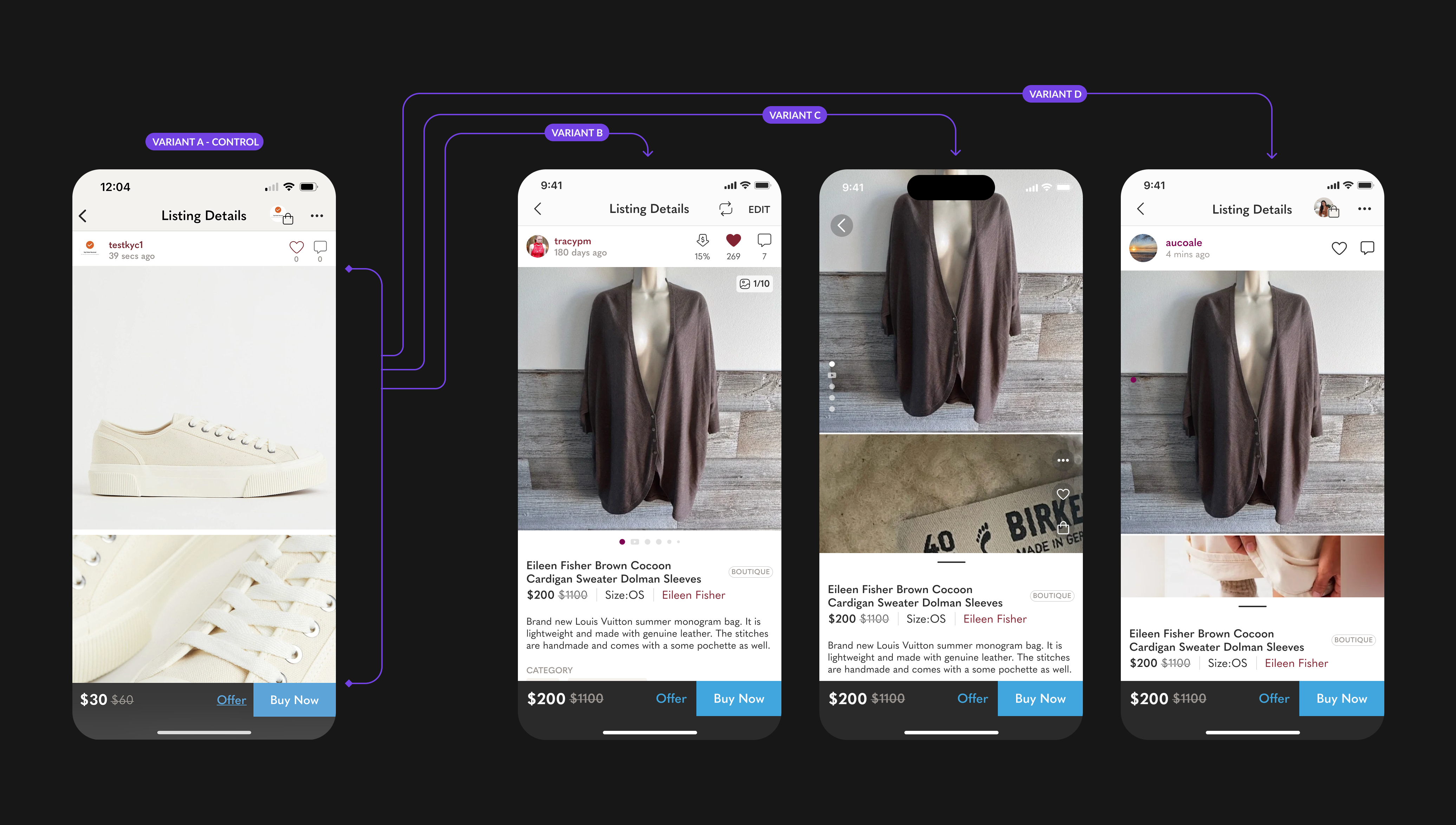 A/B/C/D test variants for listing image scroll